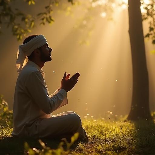 A person with Arabic features is praying in a serene natural setting. Soft sunlight filters through the trees. The scene creates a peaceful atmosphere. Light particles float in the air. The person is seated with hands raised.