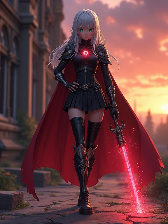 Character design of Utena Hiiragi in Berserker form featuring sleek combat uniform, dark color palette with metallic armor, jagged designs, torn uniform skirt, knee-high boots, fingerless gloves, high-collared capelet, glowing gem, sharp facial features, dynamic pose, extreme low-angle perspective, grand Gothic school building in background, sunset sky, faint magical energy swirls, emphasis on emotional contrast and stylized details.