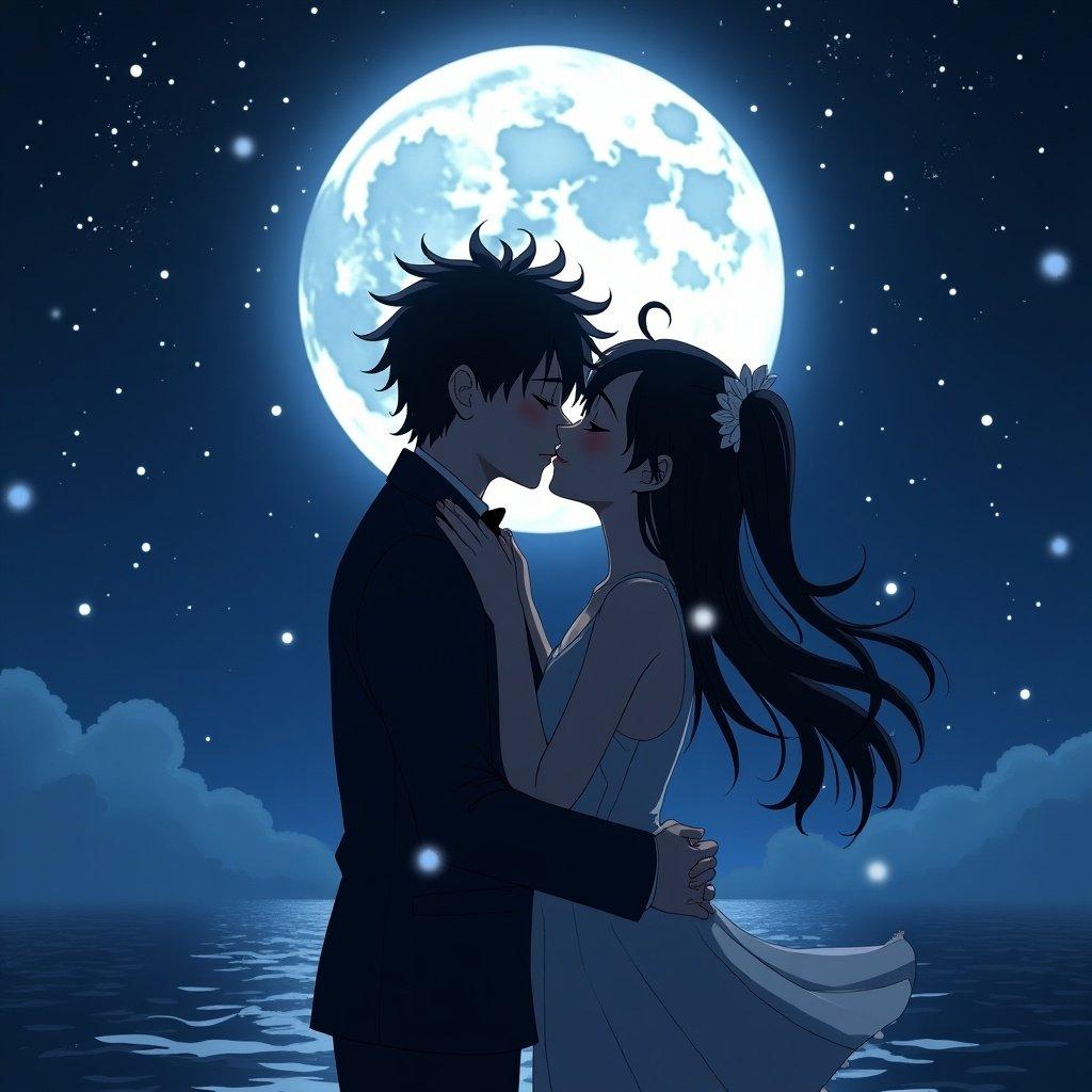 Couple kissing under the moonlight. Serene night scene with a bright moon. Romantic atmosphere. Silhouetted figures against a starry sky.