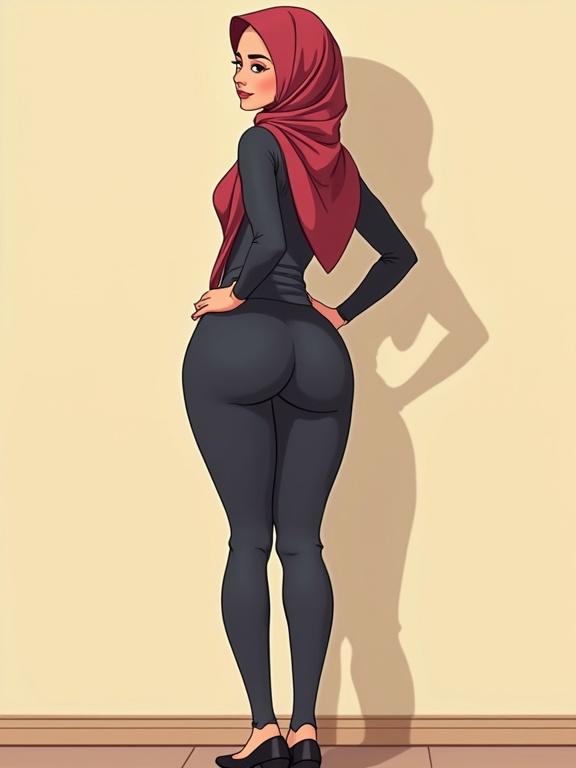 An illustration of a confident hijabi woman in a bodysuit. The woman has a narrow waist and wide hips. She stands with her back against a wall, looking at the viewer. Her pose highlights her curves with a focus on her thick thighs and confident stance.