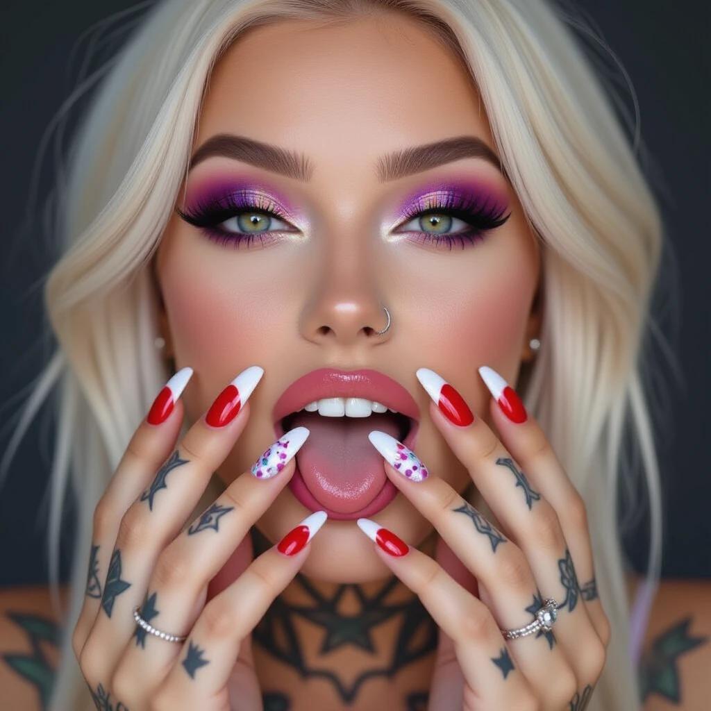 Close up of a model with blonde hair and striking makeup. The eyeshadow features shades of pink and purple. Long white nails with red polish on one finger are prominent. The model has an open mouth displaying the tongue, and visible neck tattoos. The style is punk and emo with high contrast emphasis.