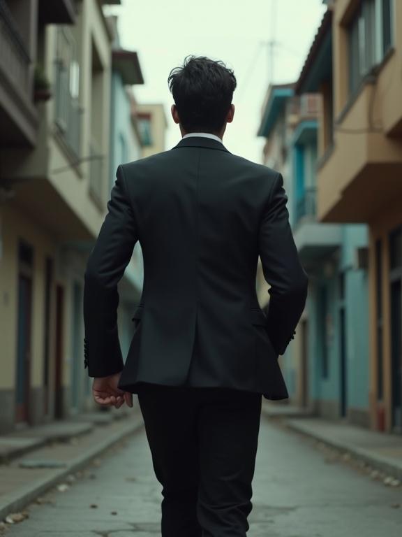 Photorealistic image of a man in a dark suit. He has thick, short, wavy hair. He is walking away from the camera in a street in a favela. The environment shows elements of urban life in Latin America.