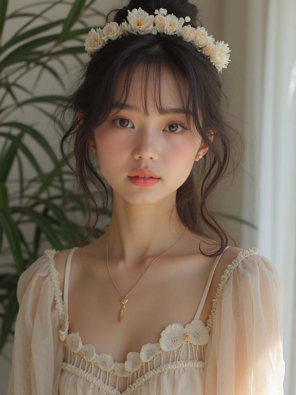 Portrait of a young woman wearing a floral crown. She has soft makeup and a delicate outfit. The setting is bright and serene with natural light.