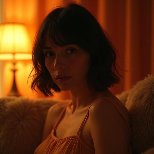 Cinematic portrait of a young woman with a short bob haircut. Setting in a cozy room with warm orange lighting. She has a soft expression and natural makeup. Background features a plush pillow and curtains. The style is intimate and moody.