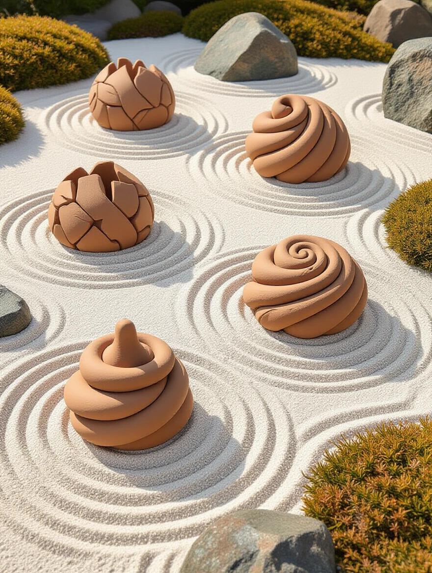 A healing art therapy installation displays abstract clay forms in a zen garden. The sculpted forms express different emotions. Jagged pieces represent anger. Smooth, drooping shapes signify sadness. Spiraling ribbons depict joy. Each piece shows hand-working techniques with no tools. The garden has raked clay resembling sand forming meditative patterns. Soft lighting enhances the atmosphere for reflection and emotion.