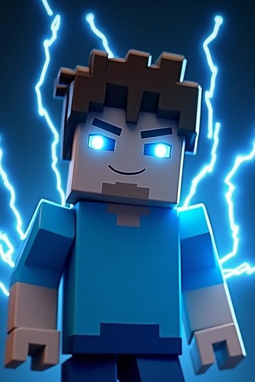 A Minecraft character with a blue shirt and blocky design. He appears ten years old with glowing blue eyes. The character has a determined expression. Bolts of electricity surround him in a dark background. The image conveys action and energy.