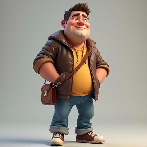 3D character man in casual outfit wearing a brown jacket and yellow shirt with blue jeans and sneakers carrying a messenger bag.