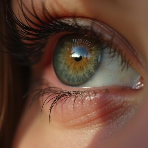 Close-up shot of an eye with long eyelashes and intricate details showing colors and reflections.