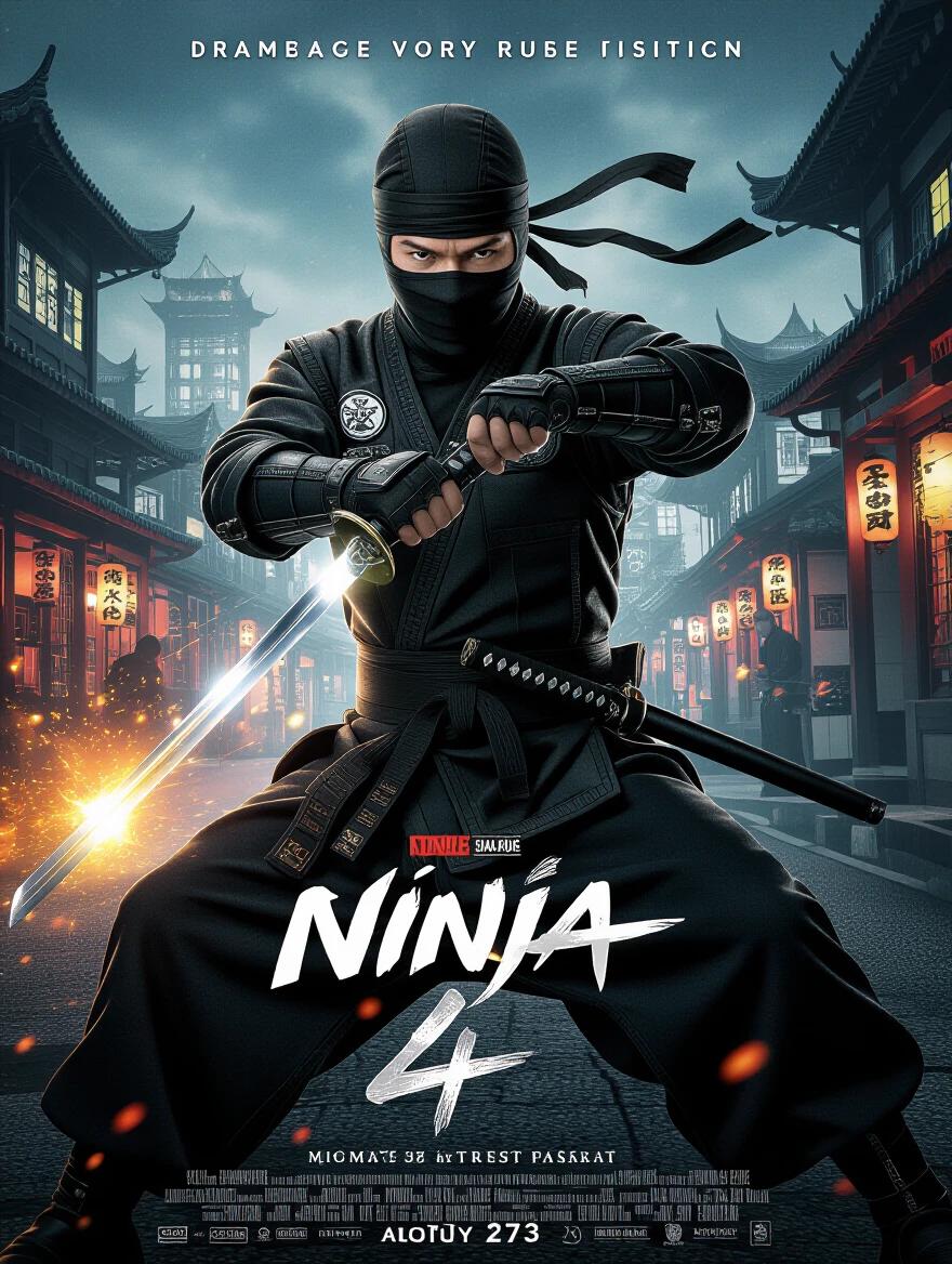Action movie poster for Ninja 4. The poster features a ninja character in a dynamic pose wielding a sword. Background shows a cityscape, creating an engaging ambiance with urban elements. Elements of martial arts and action are prominent in the image.