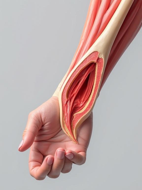 3D anatomical model of an incision of the forearm showing muscle and tendons in detail.