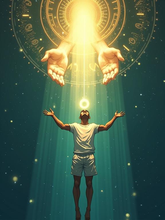 Young Dominican man floats in dark glowing space. He wears wet white t-shirt and shorts. Above, glowing humanoid figure extends hands. Golden ring descends from hands. Background is ethereal with energy rings and symbols. Mood is divine and peaceful.