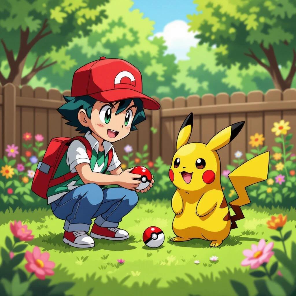 Ash Ketchum plays in a garden with Pikachu. Bright flowers surround them. Children joyfully interacting with their Pokémon companion.
