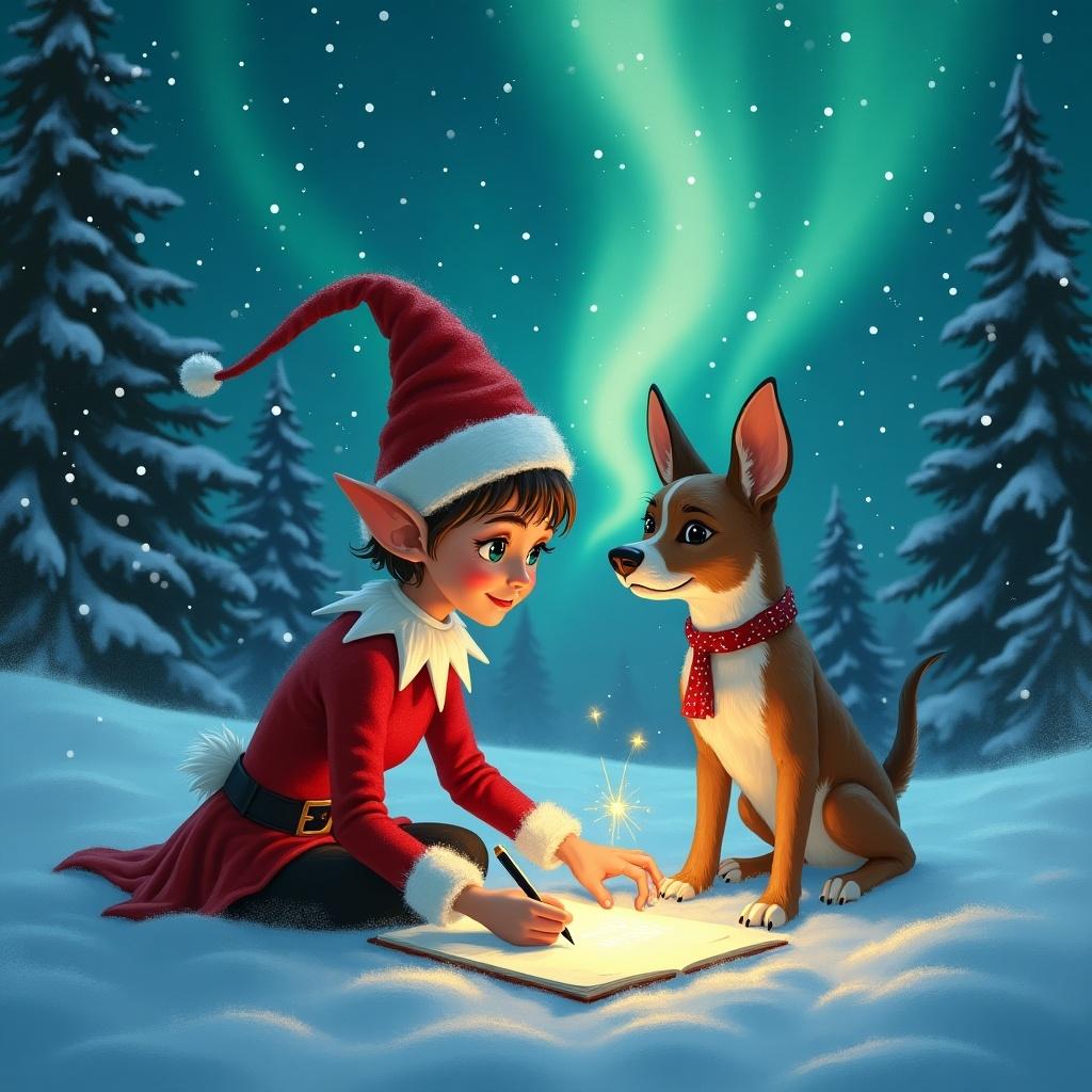 A charming elf with pointed ears and a festive red hat is sitting in the snow, intently writing a note. The note features the names 'Liliana & Ryder', adding a personal touch. Beside the elf, a friendly dog looks on curiously, adding warmth to the scene. The backdrop is illuminated by stunning northern lights, casting a magical glow around. Snow-covered trees surround the elf, enhancing the wintry atmosphere. Sparkling lights enhance the joy and wonder of the moment as the elf prepares for the festive season.