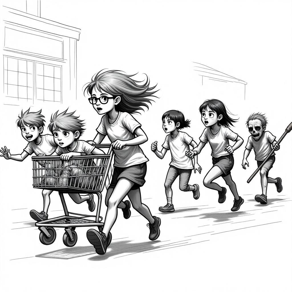 The scene depicts a group of six children engaging in an exhilarating chase. In the center, a girl with glasses is pushing a shopping cart energetically, transporting a ginger-haired boy. Tension fills the air as an Asian boy appears to be in danger of being caught by a zombie, with another girl trying to help him. Nearby, another girl carries a wooden spear, running protectively along with her friends. The setting reflects urgency and danger reminiscent of a post-apocalyptic world. The artwork features striking black and white sketching that enhances the dramatic mood.