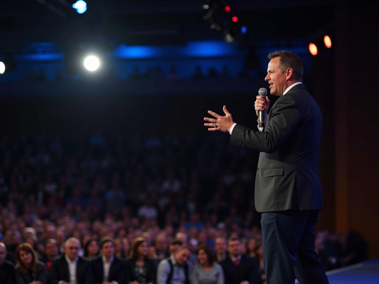 A person stands confidently on a stage, speaking passionately to a large audience. The atmosphere is energetic, with bright stage lights illuminating the speaker. In the background, a crowd is engaged, listening intently and responding to the speaker's enthusiasm. The focus is primarily on the speaker, showcasing their expressiveness and connection with the crowd. The setting suggests a professional event, with a backdrop that adds to the lively ambiance.