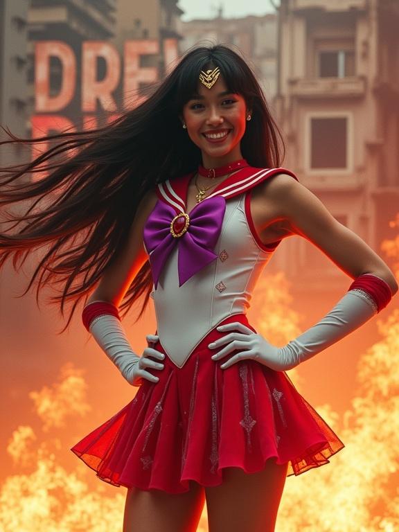 Sailor Mars in a high-tech version of her uniform. She has a sleek white blouse with a purple bow. The red skirt is pleated with holographic panels. Long black hair billows in the wind. A golden tiara with a red gem is centered on her forehead. Fire surrounds her with an intense aura. Background shows Brazilian urban favelas in ruins. Text appears in old type behind her.