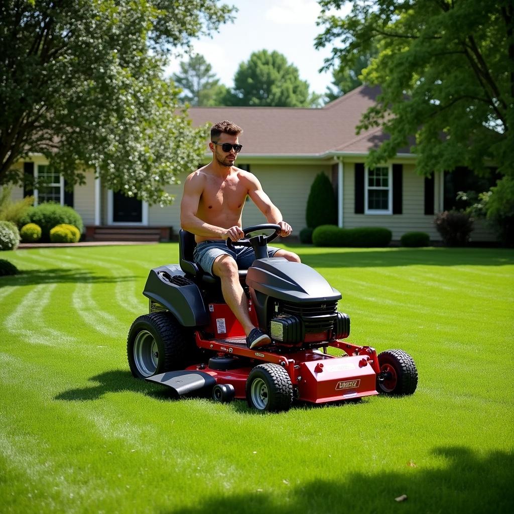 A young man mows a large lawn with a red lawn mower on a sunny day. He is shirtless and enjoying the summer weather.