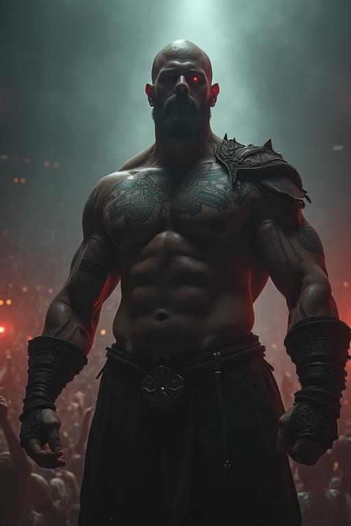 A large muscular man with tattoos stands in an arena. He has dark skin and a bald head. The crowd cheers loudly. Bright spotlight emphasizes his figure. His eyes have a faint red glow.
