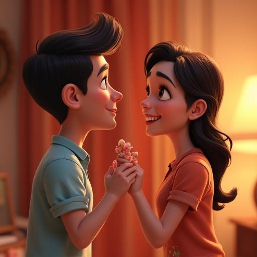 A young couple smiling at each other while holding hands depicting a sweet moment. Art style influenced by Disney Pixar with bright colors and whimsical design. Format vertical 9:16.