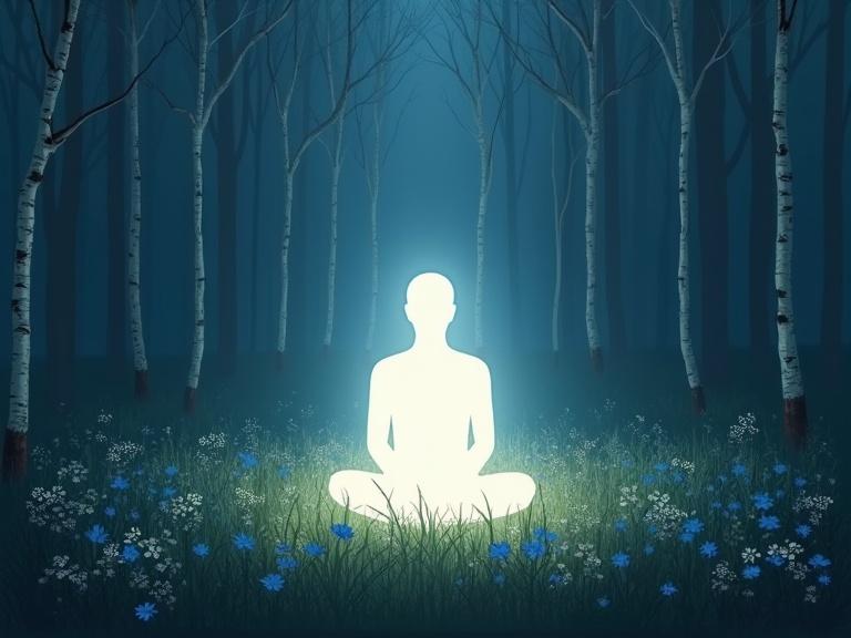 A luminous figure sits in a meditative posture in a flower-filled field within a dark forest. Tall trees surround the scene, with a background of deep blue and green tones. The figure emits a soft white light that contrasts with the surrounding darkness, creating a tranquil, spiritual atmosphere.