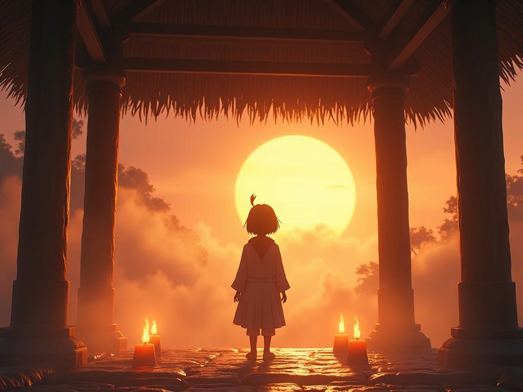 In my scene, the character stands inside a shrine, gazing towards a warm, glowing sunrise. The time of day is dawn, and the atmosphere is inviting and mystical. The lighting is high key with low contrast, creating a soft ambiance. Candles flicker on either side of the character, adding a gentle glow to the serene environment. Sun rays filter through the thatch roof, enhancing the peaceful and enchanting setting.