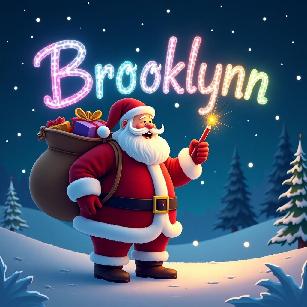 This image features a beautifully illustrated Christmas theme showcasing Santa Claus. He is joyfully writing the name 'Brooklynn' in colorful letters using a glowing pen. The background is a snowy landscape filled with fir trees and twinkling stars in the night sky. Santa, in his traditional red and white outfit, carries a big sack filled with gifts. The entire scene radiates warmth and festive cheer, perfect for the holiday season.