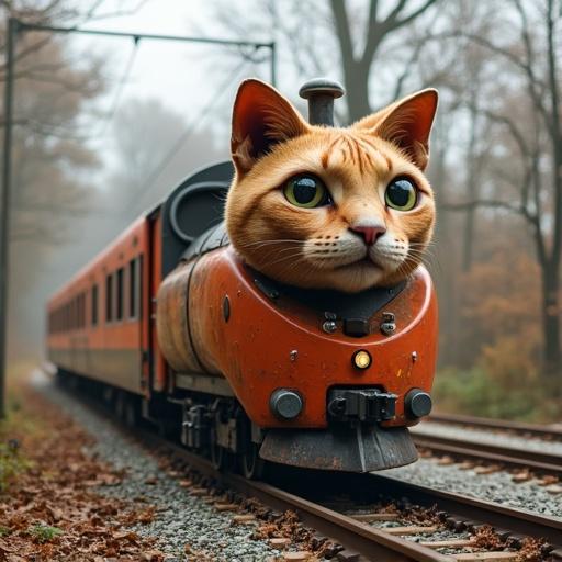 Train takes the shape of a cat with large eyes and an expressive face. Train appears on tracks in a forest setting. Background displays autumn trees and a gray sky. Environment captures a whimsical, playful atmosphere.
