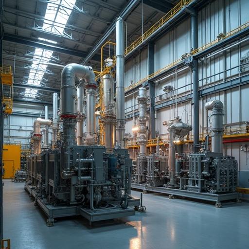 Large catalytic installation featuring chrome pipes designed for block heat and power plants. Equipment arranged in a spacious industrial setting.