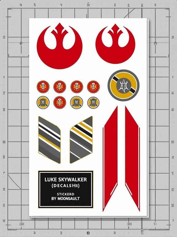 Sticker sheet designed in Star Wars style for Luke Skywalker Rebel pilot helmet. Vertical layout on white background with black border. Features large red Rebel Alliance insignias. 12 small circular symbols with black arrows. Two black and white circular designs mimicking helmet graphics. Yellow-and-gray striped hazard pattern. Two long red vertical stripes. Black rectangle with 'LUKE SKYWALKER DECALS – BY MOONSAULT' in white, followed by Aurebesh text. Crisp vector-style graphics. Placed on cutting mat with measurement grid.