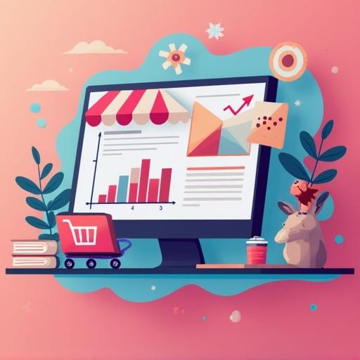 Illustration depicting e-commerce with a computer screen showcasing graphs and charts. Features include a shopping cart, plant elements, and playful design.