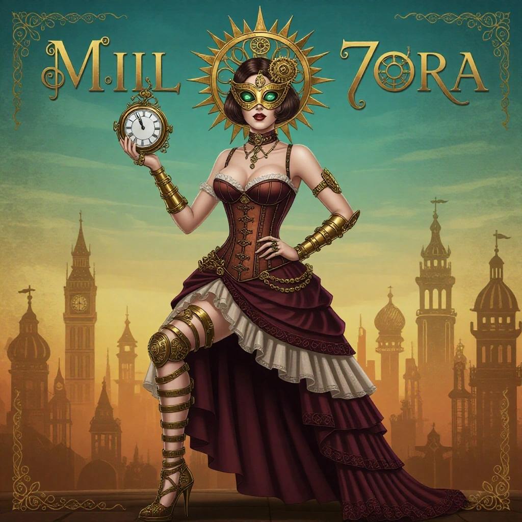 Digital illustration of a female figure in a steampunk style. She stands dynamically, dressed in Victorian-futuristic attire. Corseted top and layered skirt are worn. Mechanical braces on her legs and ornate high-heeled shoes shine. Her face is pale and partly masked with golden embellishments. A gear-laced sun motif crowns her sleek bob hair. One hand holds a clock and the other adorned with jewelry. Background shifts from light to dark with sun emblem.