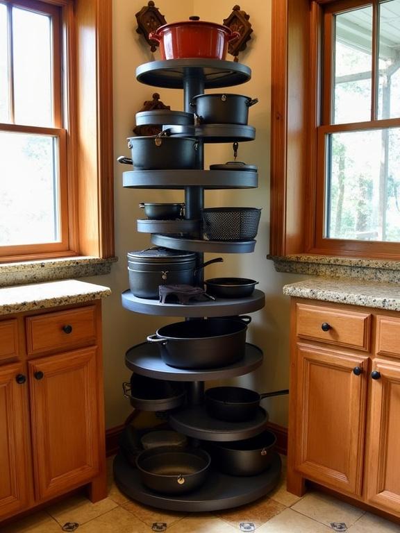 Image depicts a vertical cookware rack in a rustic kitchen. Cookware displayed includes cast iron skillets and Dutch ovens. Rack is corner-fitting maximizing space efficiency. Dark gray or matte black color gives it a vintage look. Kitchen features wooden cabinetry and granite countertops. Large windows provide natural light. Tiled floor has checkered pattern, enhancing the cozy atmosphere.