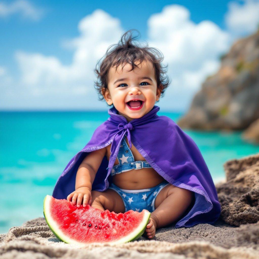 A cheerful baby wearing a purple cape is elevated about one meter above the Caribbean Sea. The baby is joyfully eating a slice of watermelon, surrounded by a beautiful beach background.