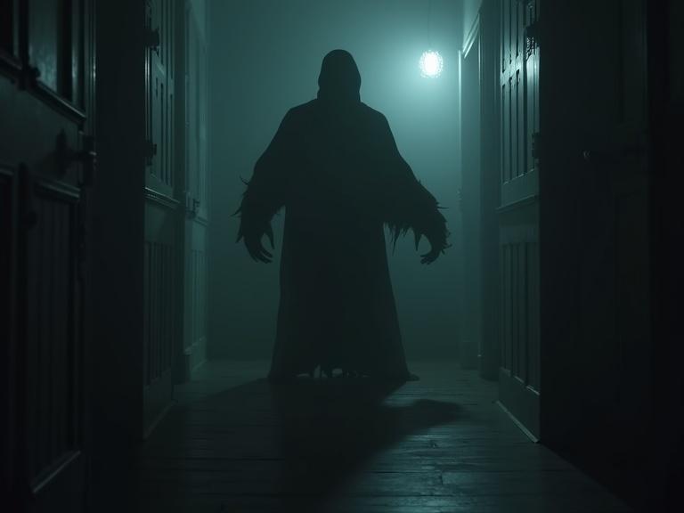A scary ghost monster lurking in a dark room. The ghost has a shadowy presence with elongated features. Dim lighting adds to the chilling atmosphere.