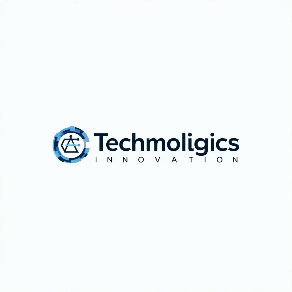 Image showing a logo design for Techmologics. The logo has a circular emblem representing technology. Shades of blue and white are used. The word ‘INNOVATION’ is placed beneath. The design is modern and sleek suitable for tech branding.