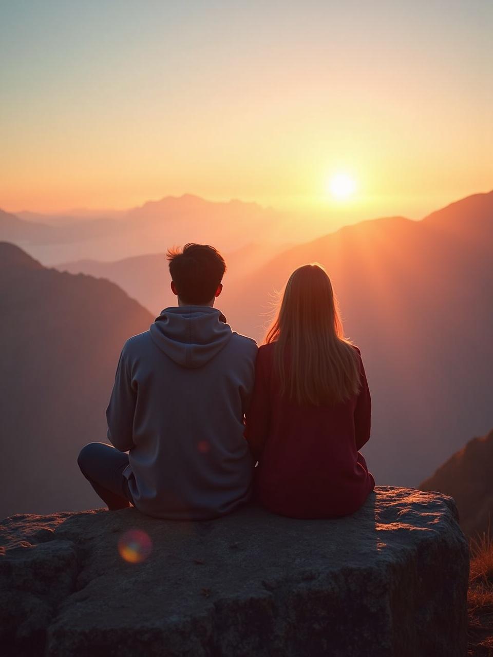 Two people sitting on a rock, watching a sunset over mountains.