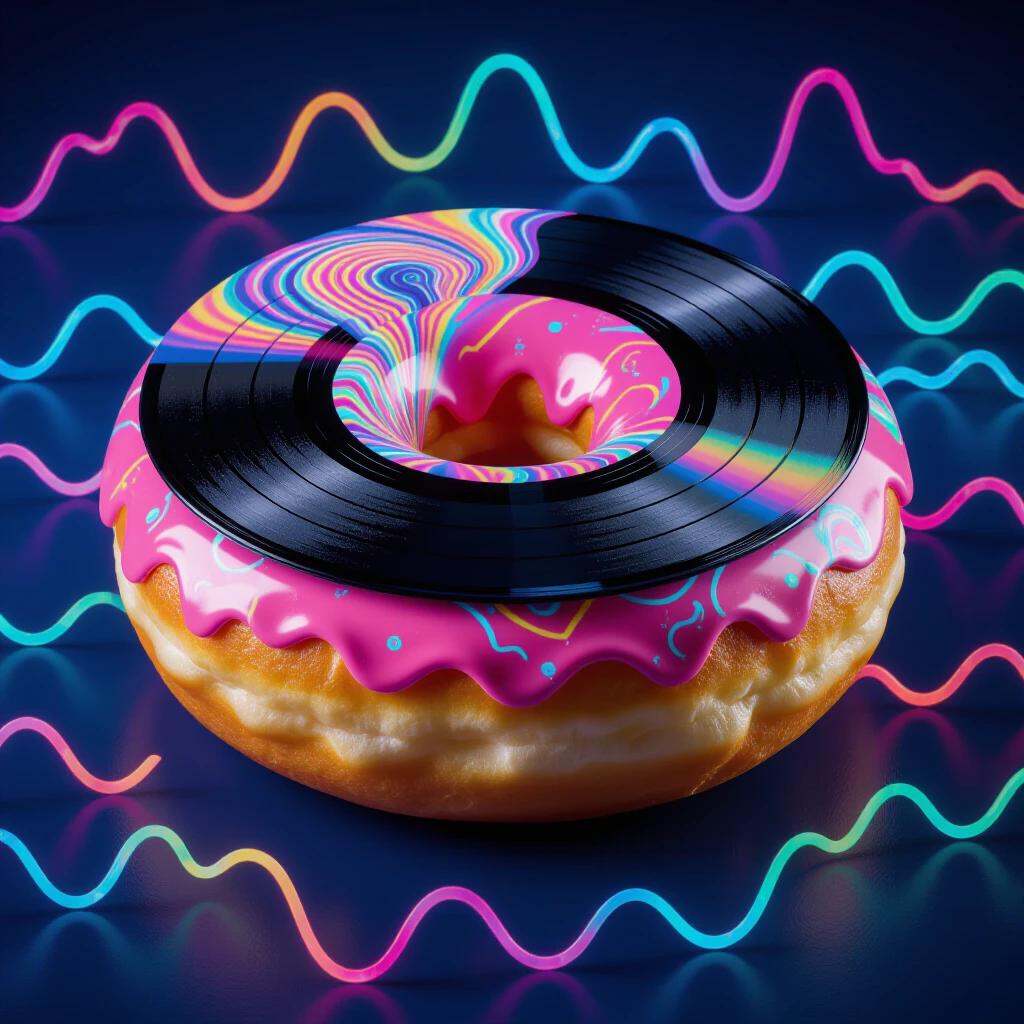 A unique donut shaped like a vinyl record. The donut has bright pink frosting and colorful sound waves. The design combines retro and futuristic elements with neon features.