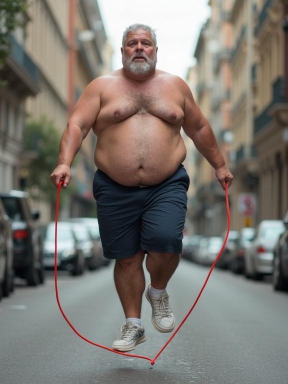 A 60 year old man jumping rope. The man is overweight and shirtless. He exercises on a city street. Cars line both sides of the street. He wears shorts and sneakers. The atmosphere is casual and urban.