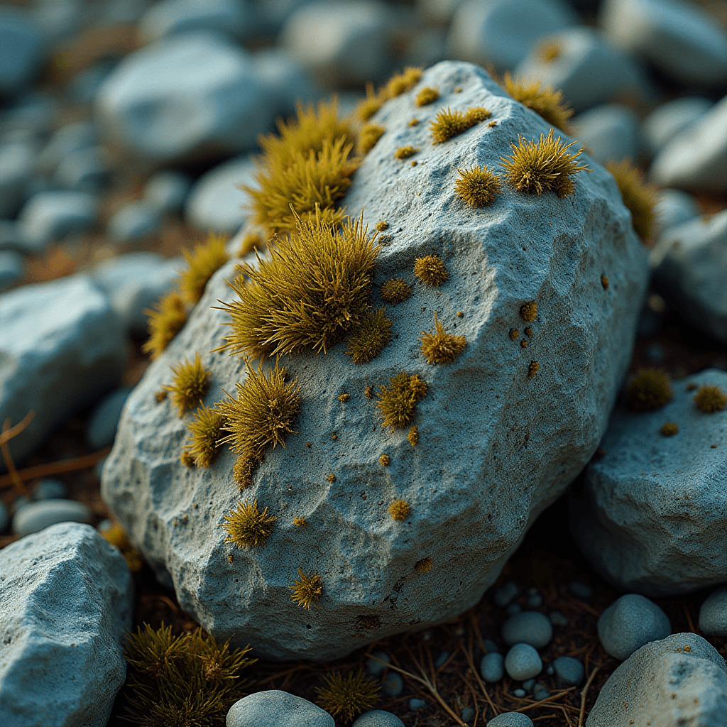 Close-up of moss clumps growing on a weathered rock amid a pebble-strewn landscape.