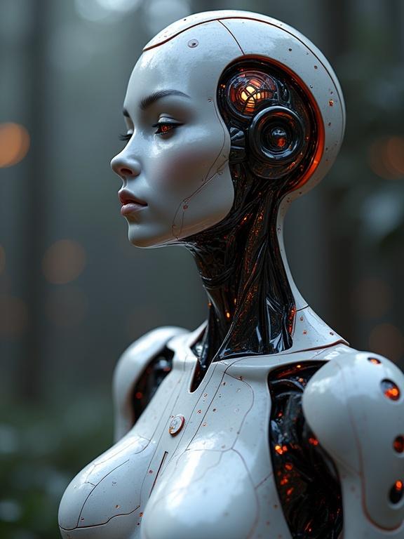 A 3D female robot sculpture made of titanium. The sculpture features a polka dot design and curvy accents. Geometric patterns enhance the visual. Dramatic lighting creates an artistic mood at nighttime. Image is in soft focus. High-resolution digital art