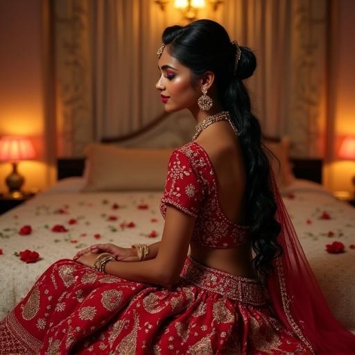 Detailed photorealistic image of an Indian young bride. She has dusky skin and an hourglass figure with black hair. The bride wears a traditional red bridal dress and Indian jewelry. She is sitting on a king-sized bed surrounded by flowers in a well-lit room at night.