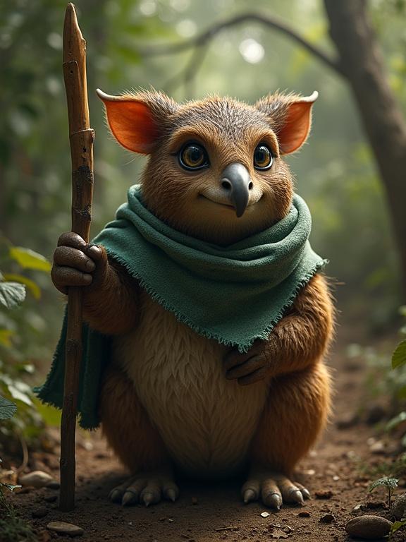 A small creature in a green shawl holding a stick in a wooded environment. The creature has big eyes and fluffy fur, giving it a friendly appearance. The background is lush and natural, with soft lighting created by the sun filtering through the leaves.