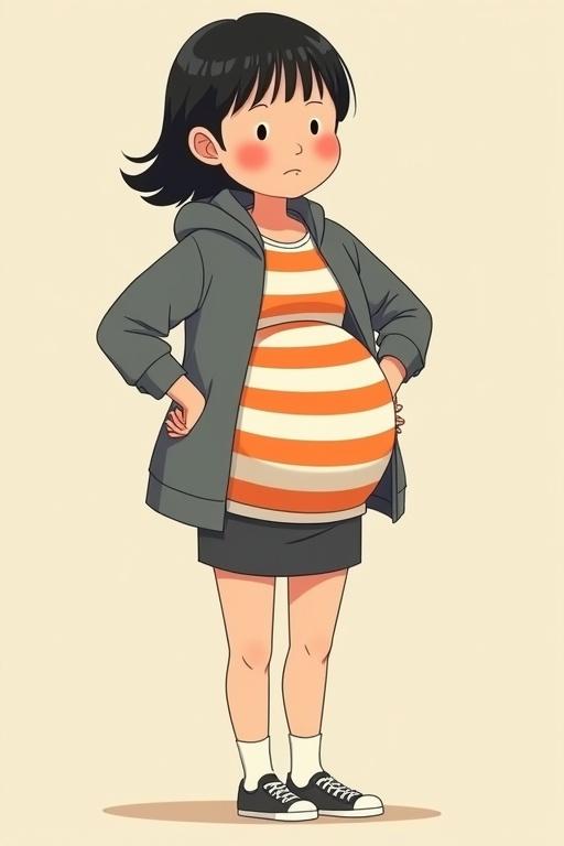 Animated character representing a pregnant girl inspired by Juno. Wearing a gray hoodie, orange and white striped t-shirt, mini-skirt, and leggings. Standing with hands on back, showing discomfort.