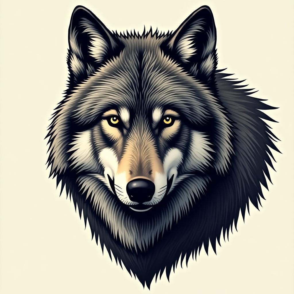 Illustration of a wolf's head. Bold details and striking colors. Realistic features with an artistic style.