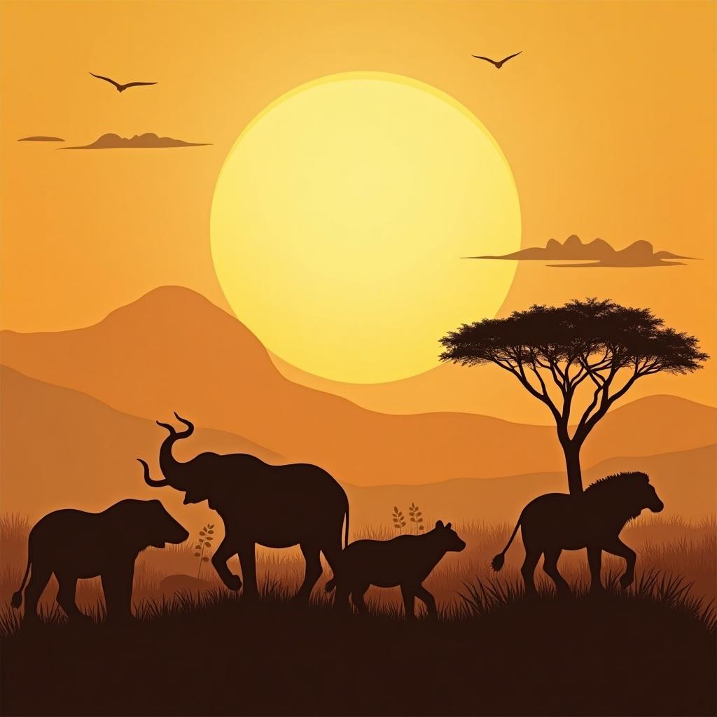 Silhouette of various animals including lions buffalo elephants and hyenas in front of a sunset with a tree in the background