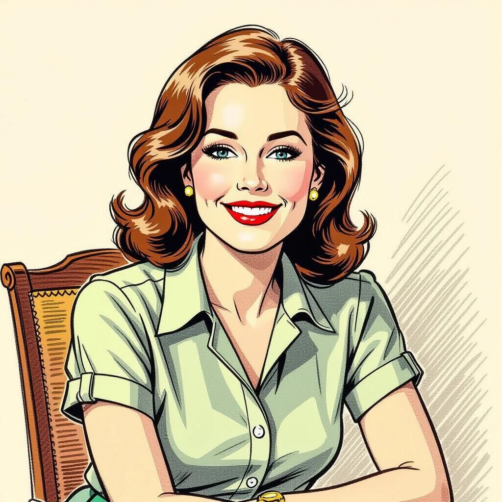 Woman seated at a wooden table with a vintage look. Elegant hairstyle and dress. Holding a pen. Expressing confidence and charm. Femininity and grace are showcased. Drawn in a comic style.