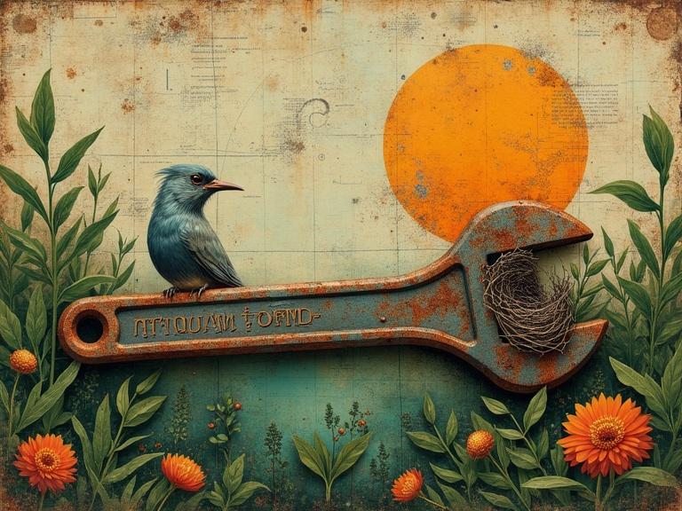 Mixed media artwork illustrating nature intertwined with industry. A rusted wrench supports a bird chirping on top. A nest rests on the wrench. Background includes a vintage map and sun. Vibrant plants frame the scene, creating a sense of resilience and beauty.