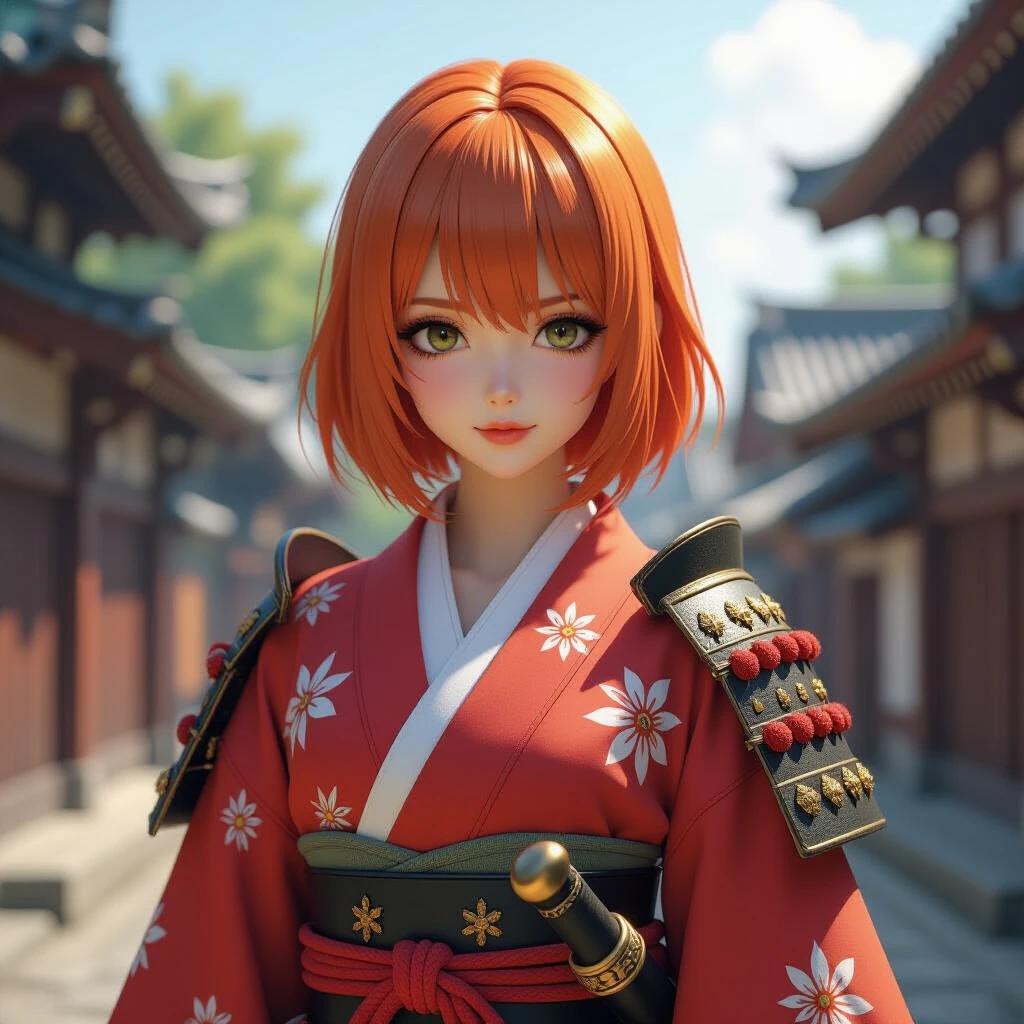 Hyper realistic BJD anime girl in traditional samurai armor-themed outfit. Ginger hair with blunt bangs. High detail digital painting. Trending on Artstation. Cinematic lighting. Centered model photo.