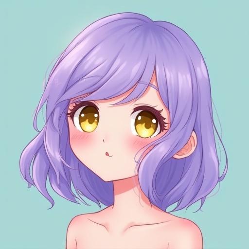 Character with pastel purple shoulder-length hair. Blue-green background. Soft bangs and long loose curls. Round yellow eyes. Light skin and faint pink cheeks. Shy expression. Nudity not emphasized.