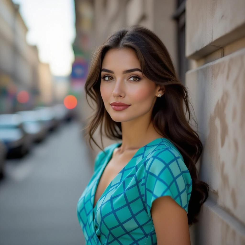 Street portrait of a slim woman in urban setting captured spontaneously. Side profile with subtle smile. Deep captivating dark brown eyes. Long flowing black hair. Wearing elegant Art Deco-inspired dress with geometric patterns. Authentic socialist-era urban background. Captured using Zenit EM camera with a dreamy bokeh.